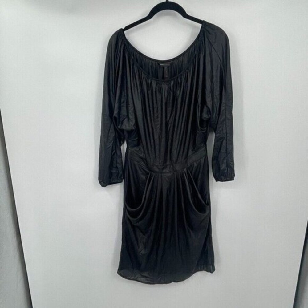 BCBGMaxAzria Womens Dress XS Gray Black Shiny Pleated Casual Pullover Stretchy